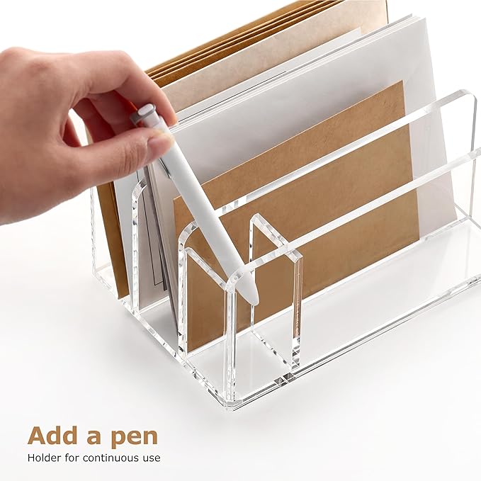 SANRUI Acrylic Mail Sorter Desk Organizer with Pen Holder, 3 Compartments | Clear Small File Script Letter Document Storage for Desktop Bill Filling Envelope Holder Office, Home, School Organization
