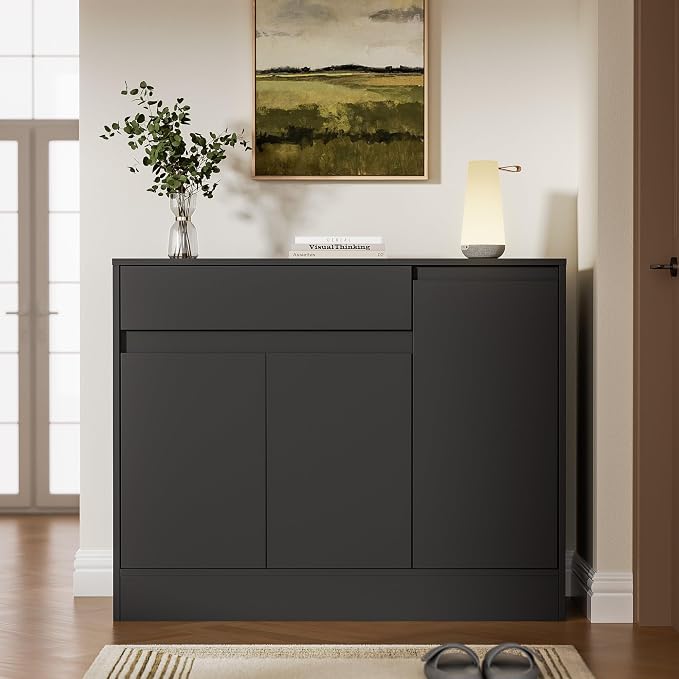 Housoul 39.4" W Shoe Storage Cabinet with 3 Doors & Drawer, Black | Freestanding Modern Shoe Cabinet with Drawer & Adjustable Shelves, Wooden Shoe Organizer Cabinet for Entryway, Hallway