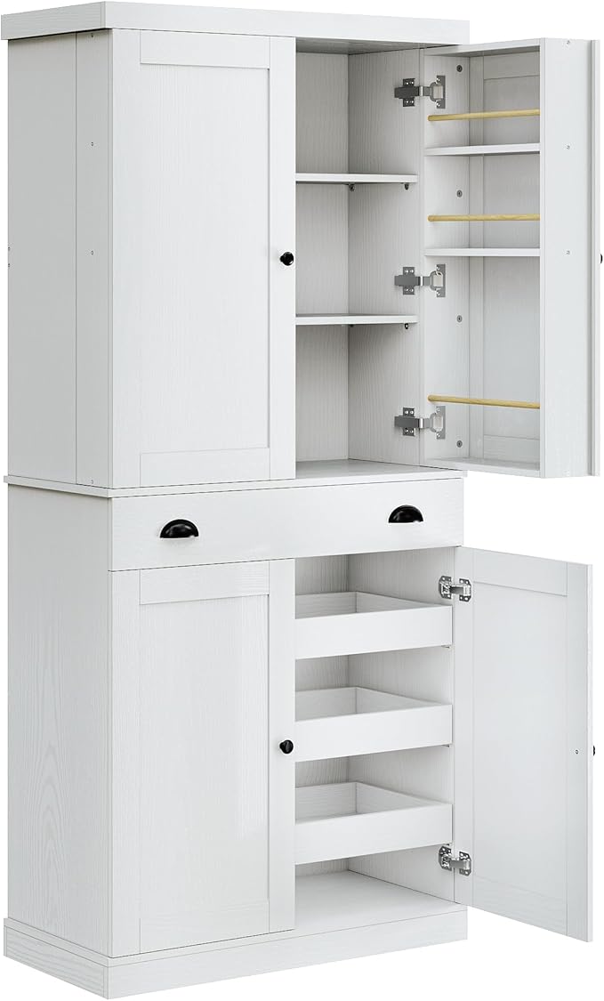 IRONCK 72" Kitchen Pantry Cabinet with Drawer and Sliding Racks, White | White wood pantry cabinet. 6 door shelves. 3 sliding racks. For kitchen, dining room, or hallway.