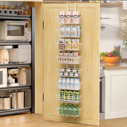 8 Tier Over the Door Pantry Organizer, Over the Door Spice Rack with Adjustable Baskets, Metal Hanging Door Pantry Organizers and Storage for Kitchen Bathroom Bedroom, White
