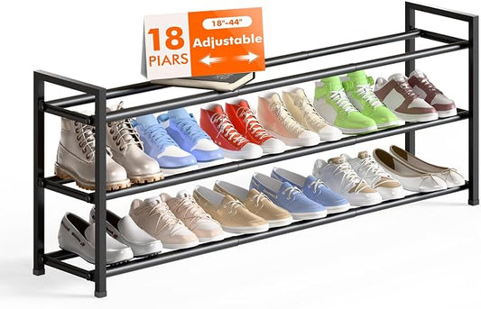 Bumusty 3 Tier Long Expandable Shoe Rack for Closet, Black | 18"-44" Adjustable Shoe Rack for Entryway, Shoe Organizer for Dorm, Front Door, Sturdy Metal