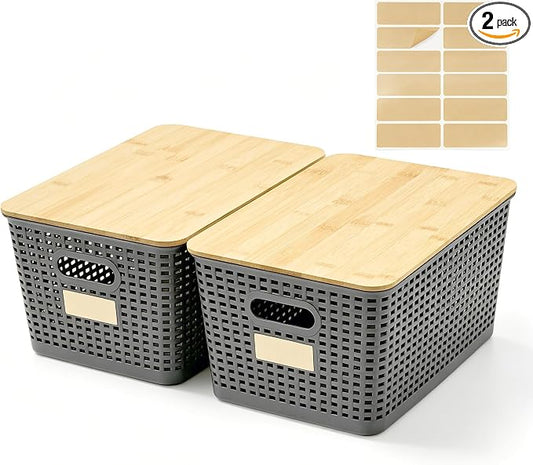Bagnizer 2 Pack Tall Plastic Storage Bins with Bamboo Lids, 10.8qt Stackable Storages Baskets for Organizing Desktop Closet Playroom Classroom Office, 12"L x 8.3"W x 6.1"H, Gray