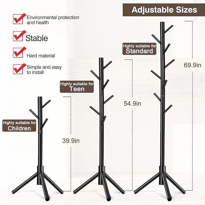 WANGMUXIA Coat Rack, Freestanding Coat Rack with 8 Hooks and 3 Adjustable Size Tree Coat Racks for Bedroom, Hallway, Entrance, Office, for Hats, Coats, Scarves, Handbags