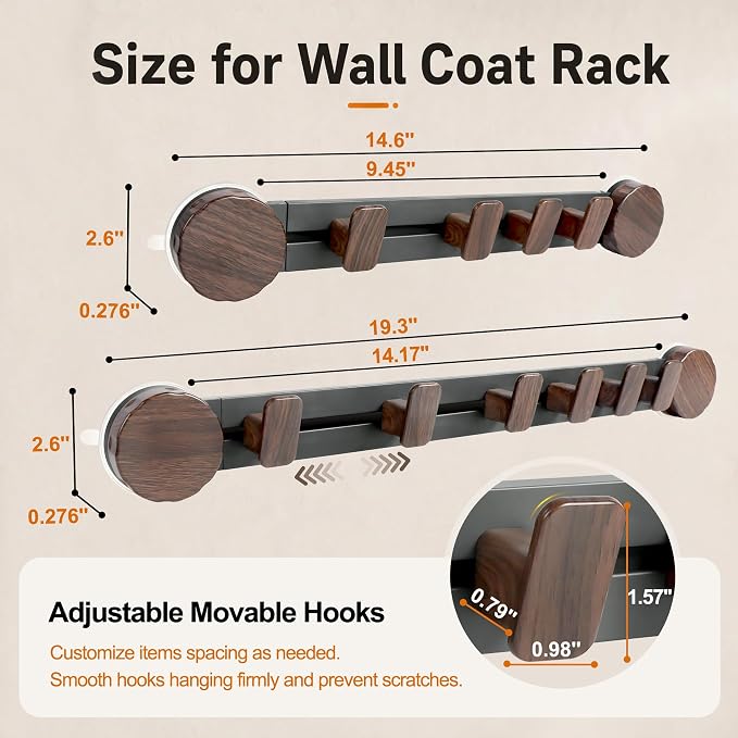 Sindax Suction Cup Wall Coat Rack, No Drill Coat Hooks with 6 Adjustable Hooks, Reusable Wall Mounted Rack for Entryway, Bathroom, White