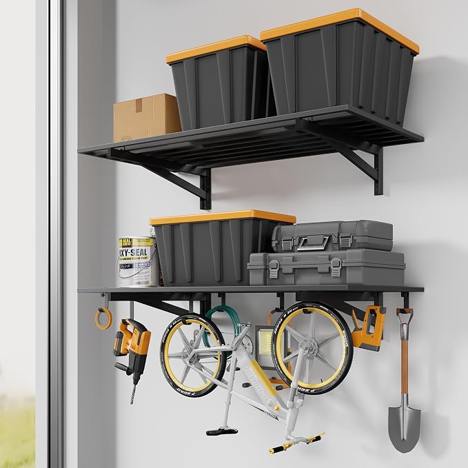 Jusgym 2-Pack 2x4ft Garage Shelving Wall Mounted, Heavy Duty Garage Wall Shelving with Hooks, 500 lbs Capacity Industrial Storage Shelves for Garage Organization