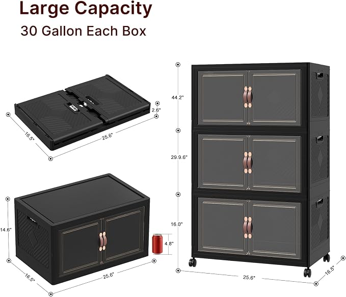 UAMFURI Stackable Storage Bins with Lids,720QT Lockable Storage Cabinet | Folding Storage Box with Doors and Wheels, Collapsible Plastic Drawers for Home, Garage, Office