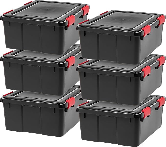 IRIS USA 6-Pack 31 Qt Storage Bins with Gasket Lids, Black/Red | WeatherPro seal protects everyday essentials in closets, offices and laundry rooms