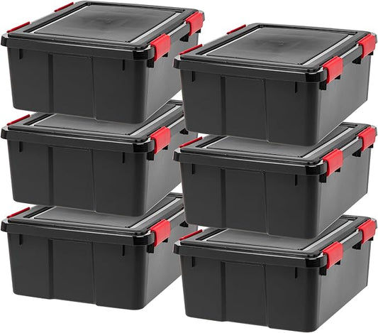 IRIS USA 6-Pack 31 Qt Storage Bins with Gasket Lids, Black/Red | WeatherPro seal protects everyday essentials in closets, offices and laundry rooms