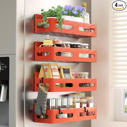 Sevenblue 4-Pack Magnetic Spice Rack for Refrigerator with Hooks, Orange | Strong multipurpose magnetic shelf for kitchen & bathroom organization. Includes 4 removable hooks for hanging items.