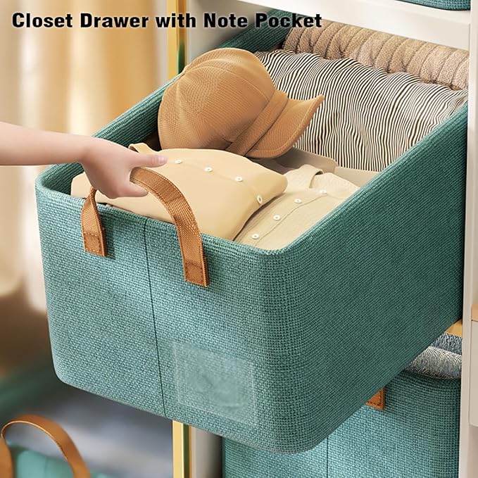 AARAINBOW 4 Pcs Closet Clothes Organizer with Handle, Fabric storage Box with Steel Frame Stackable Shelf Storage Baskets Foldable Storage Baskets for Organizing Clothes Jeans, 23L (4 Green)