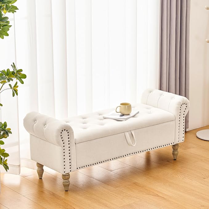Furnimart Storage Bedroom Bench for End of Bed, Faux Linen Upholstered Storage Ottoman with Rolled Arms for Bedroom,Living Room, Entryway, 2.5Cubic Feet