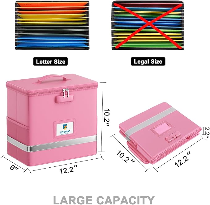 Fireproof File Box with Lock, Collapsible Document Organizer, Pink | Suitable for Hanging Folders in Letter Size, Reflective Strip for Fast Find, Home Office Safe Protection,12.2"x6"x10.2"
