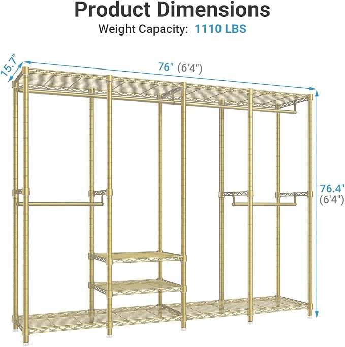 VIPEK V40 Heavy Duty Clothes Rack, Modular Closet System Clothing Rack | 76 inch Adjustable Open Clothing Storage System with 6 Shelves & 4 Hang Rods for Bedroom/Reach-in Closet, Gold