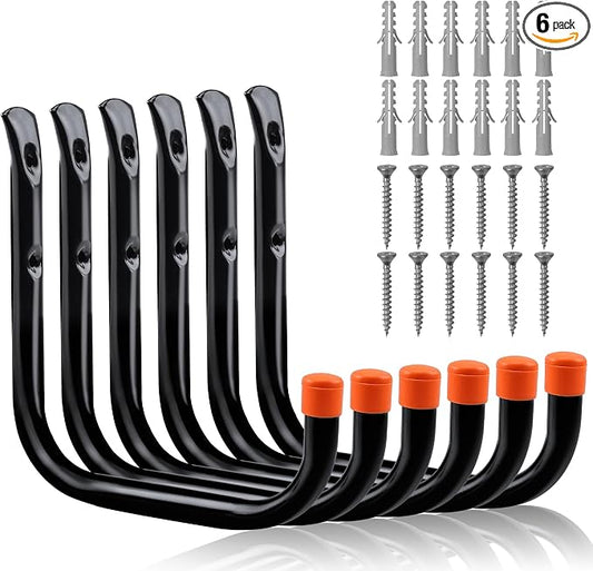 HORUSDY 6 Pack 8 Inch Heavy Duty Garage Hooks, Wall Mount Storage Hangers for Ladder, Bike, Hose, Tools, Holds up to 30LBS, Large Utility Hooks with Screws & Anchors, 7.5" x 7.68"