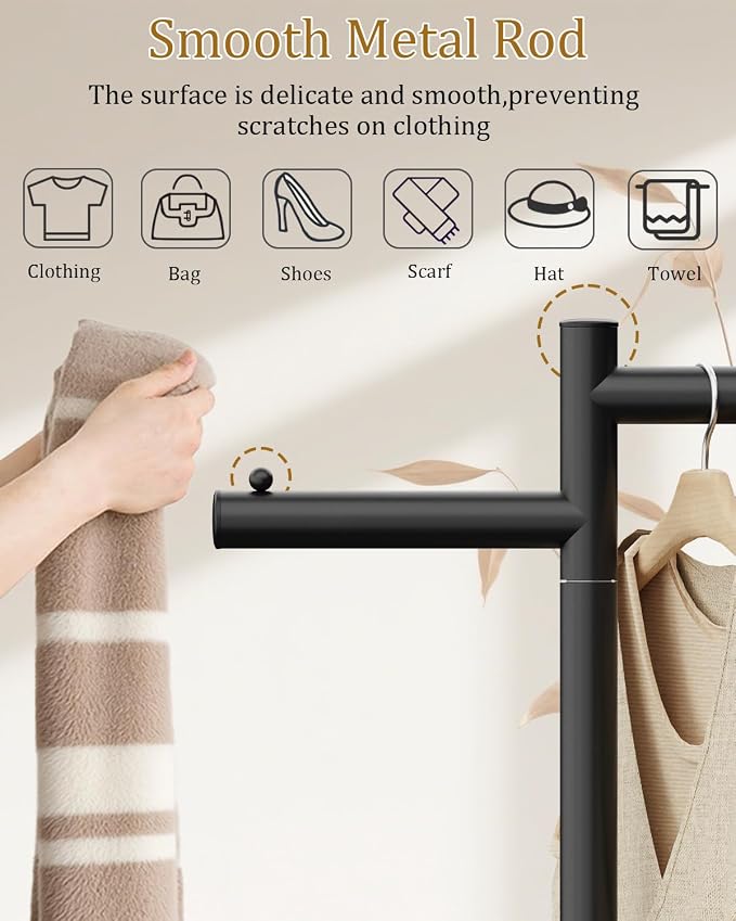 Freestanding Metal Coat Racks with Natural Rock Base,68.9in,Black | Z-Shaped Garment Rack with Anti Slip Knot,Clothes Display Stand with natural Patterns,Coat Tree for Bedroom,Office,Hallway