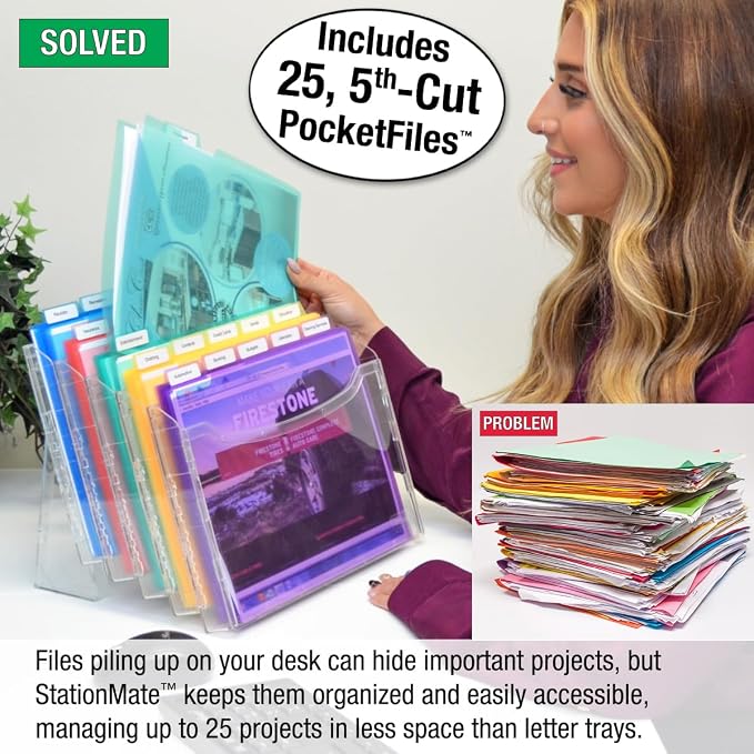 Ultimate Office StationMate Desktop Organizer + 25 5th-Cut PocketFiles | Project manager and file sorter for office or home; incline design puts all files in clear view; clear poly pockets