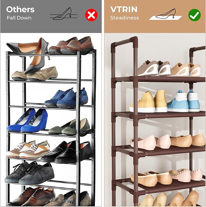 VTRIN 10 Tiers Tall Shoe Rack Holds 20-25 Pairs of Shoes Sturdy Vertical Shoe Organizer with 18pcs Hooks Stackable Narrow Shoe Rack for Closet, Entryway Brown