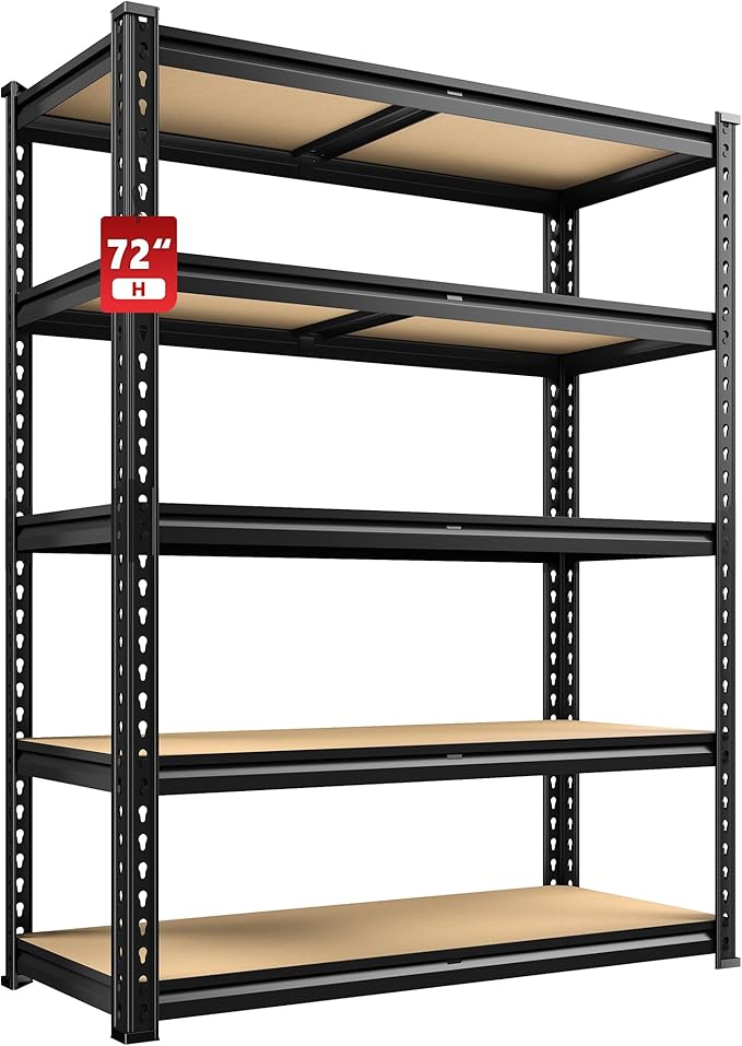 REIBII 5 Tier Garage Shelving for Pantry, Adjustable Storage Shelves | 35.5" W x 11.9" D x 72" H, Holds 2400 Lbs, 5 Reinforcing Ribs, Steel Frame with Powder Coat, Tool-Free Assembly, Freestanding