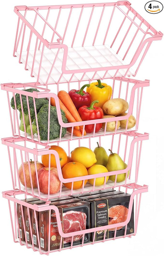 SUNALLY Stackable Storage Bins 4 Pcs Wire Baskets Freezer Organizer, Pink | Pantry Organizers Storage, Vegetable Fruit Storage Basket for Countertop, Kitchen Baskets for Onion Potato Snack Cans Storage