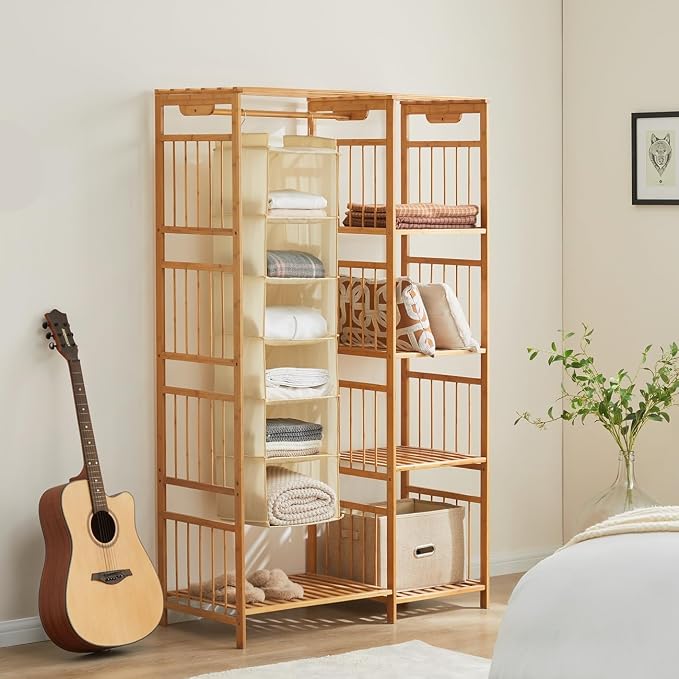 YOUDENOVA Hanging Closet Organizer, 6-Shelf Closet Hanging Shelves, Beige