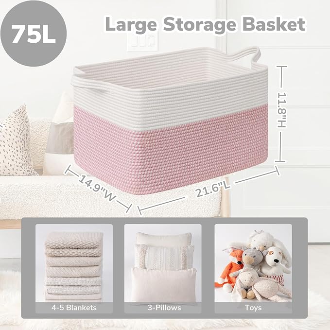 Goodpick Large Woven Blanket Basket, Rectangle Storage, White & Pink | 21.6 x 14.9 x 11.8 in, Reinforced Handles, Nursery & Bedroom Organization, Baby Toys, Blankets & Kids Essentials Storage