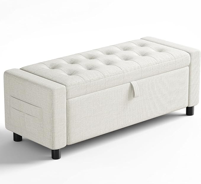 Amada 46" Ottoman with Storage, Side Pocket, Safety Hinge, Beige | 30 gallon (112 liter) hidden storage, holds 400 lbs, 0.35" thicker wood panels, 3.14" thick foam, for end of bed, living room