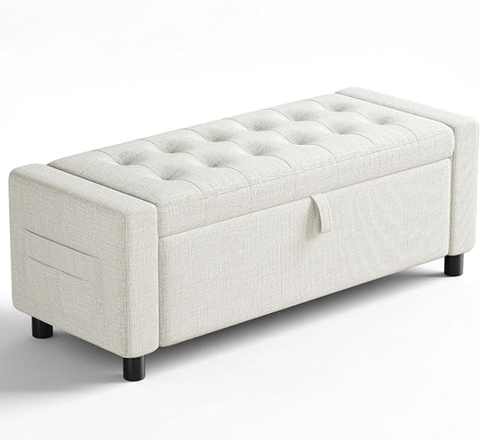 Amada 46" Ottoman with Storage, Side Pocket, Safety Hinge, Beige | 30 gallon (112 liter) hidden storage, holds 400 lbs, 0.35" thicker wood panels, 3.14" thick foam, for end of bed, living room
