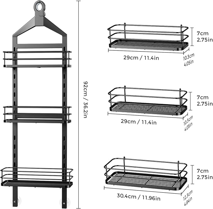 ODesign 3 Tier Adjustable Shower Caddy Hanging Over Head Anti-Swing Black | Shower organizer hanging,no drilling required,comes with removable hook and storage box, suitable for indoor showers