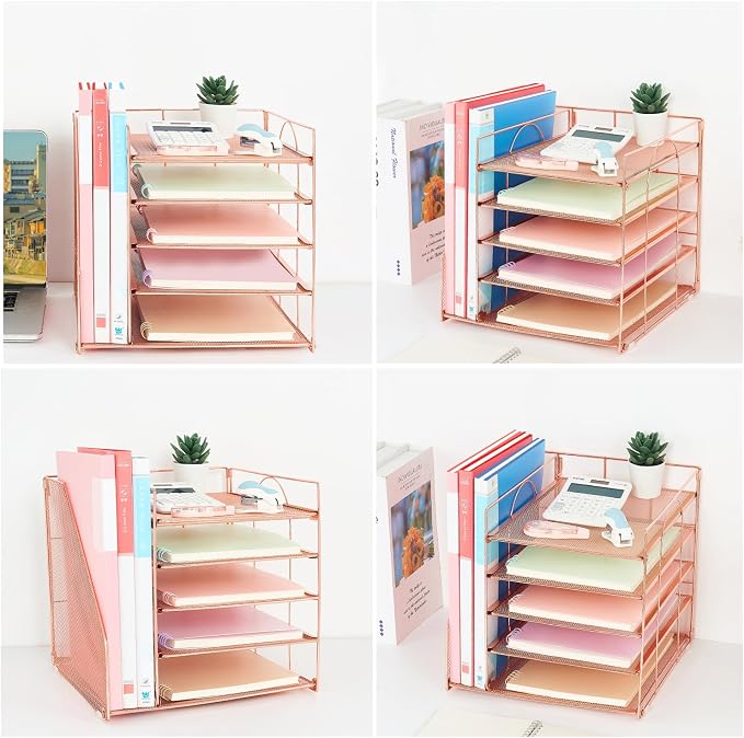 LEKETREE Desk Organizers and Accessories, 5-Tier Paper Letter Tray Organizer with File Holder, Desktop Organizer for Office Supplies (Rose Gold)