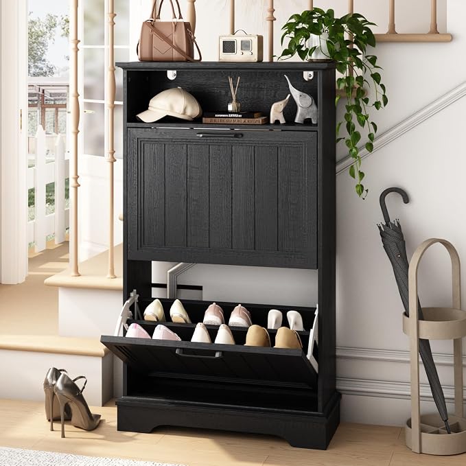 24" W Hidden Shoe Storage Cabinet with 2 Flip Drawers & Open Storage | Farmhouse Modern Shoes Rack Cabinet,Adjustable Shelves, Narrow Slim Shoes Organizer for Front Door Entrance, Entryway,Black