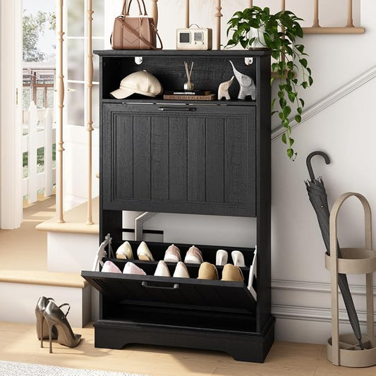 24" W Hidden Shoe Storage Cabinet with 2 Flip Drawers & Open Storage | Farmhouse Modern Shoes Rack Cabinet,Adjustable Shelves, Narrow Slim Shoes Organizer for Front Door Entrance, Entryway,Black
