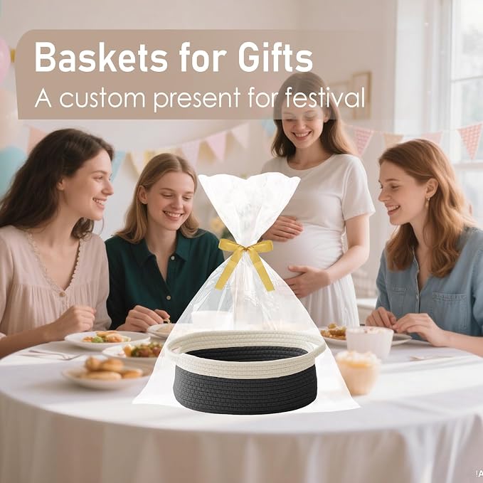 JMvicyroam Small Woven Basket, Empty Gift Basket, White&Black/1 Pack | Small Gift Basket, Cotton Rope, 12 x 8 x 60 in, Handles, Includes Ribbon and Bag, Birthday Gift Basket