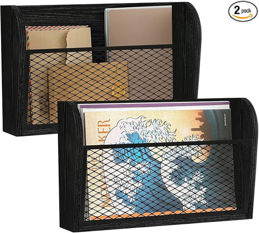 YINMIT 2 Packs Wall File Organizer, Single Pocket Wall File Holder | Wood Hanging File Organizer, Mail Holder for Wall, Wall Mount Paper Folder Rack for Office and Home, Black