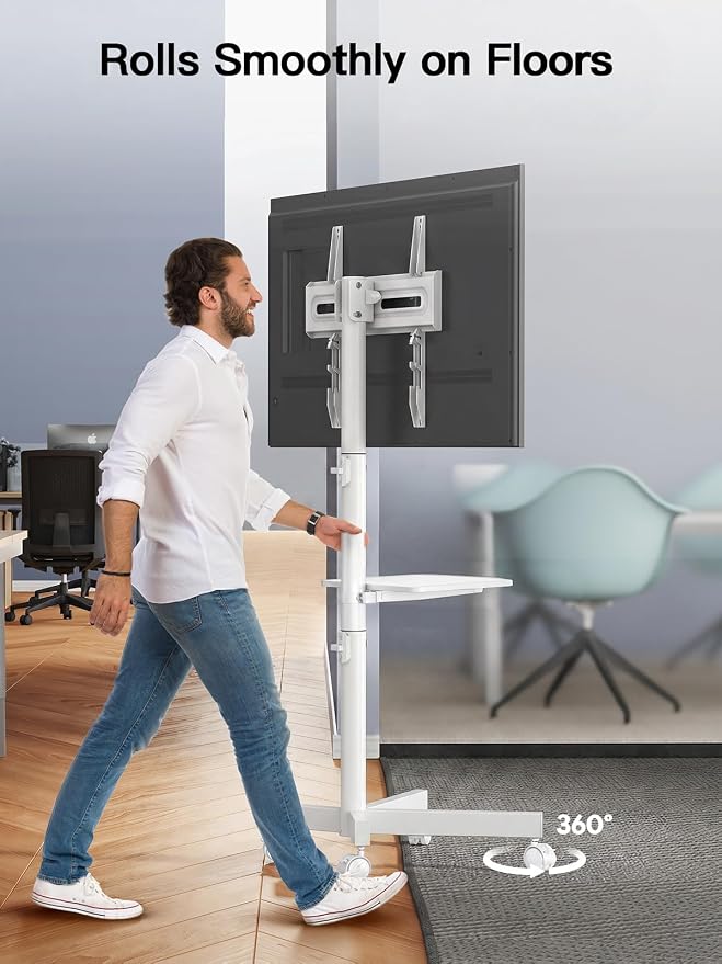 PERLESMITH Rolling White TV Stand for 23–65 Inch TVs up to 99 lbs, Portable TV Stand on Wheels with Height Adjustable Shelf, Outdoor Mobile White TV Cart for Bedroom, Max VESA 400x400mm, PSTVMC04W
