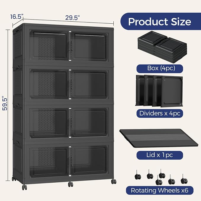 160GAL Extra Large Storage Bins with Lid, 640Qt Stackable Closet Organizers and Drawers, Collapsible Storage Bins with Wheels, Folding Containers for Home, Kitchen Office, 4Pack Black