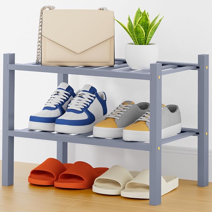 Smiry Bamboo Shoe Rack, 14 Vertical Slats, 2 Tier - 17.3" Wide, Grey | Stackable Free Standing Wooden Shoe Organizer, Wood Shoe Storage Shelf for Closet, Entryway, Thicher Leg