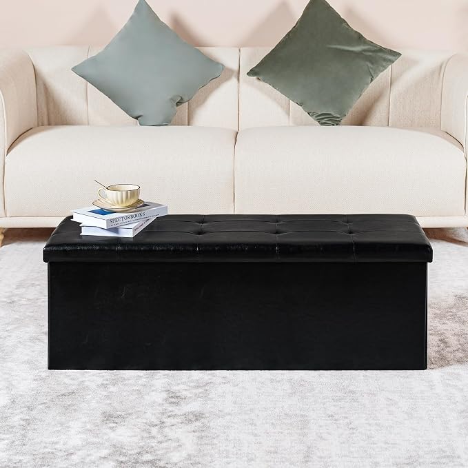 PINPLUS Folding Storage Ottoman Bench, Black Faux Leather Long Ottoman Chest, Footrest Seat, Blanket Storage for Living Room Bedroom Office Hallway, 43.3"x15"x15"