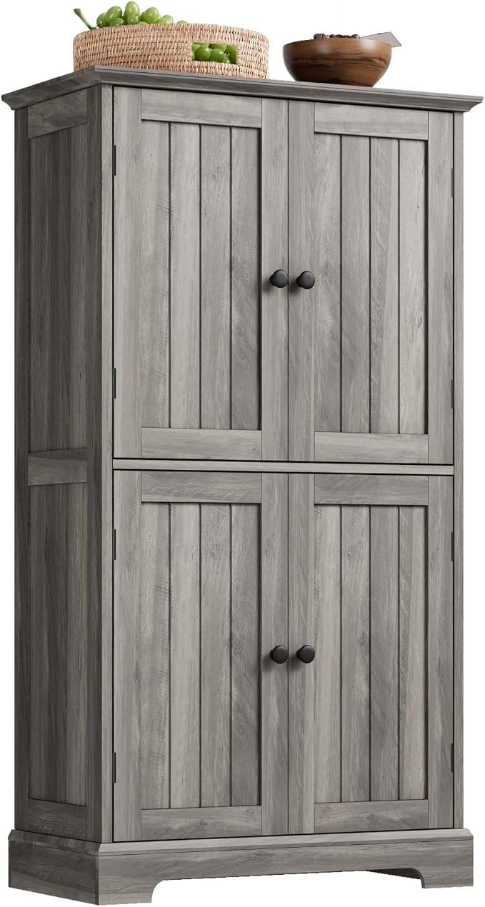 ChooChoo Bathroom Floor Cabinet with Adjustable Shelves | Bathroom Storage Cabinet, 4 Doors, Freestanding Cupboard for Living Room, Kitchen Pantry, Retro Grey