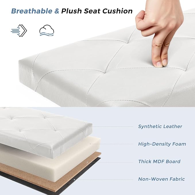 DUMOS 43 Inch Folding Storage Ottoman Bench, Large Ottoman with Storage | Storage Chest with Padded Seat, End of Bed Foot Rest Stool for Bedroom Living Room, Load 660 lbs, Synthetic Leather, Beige