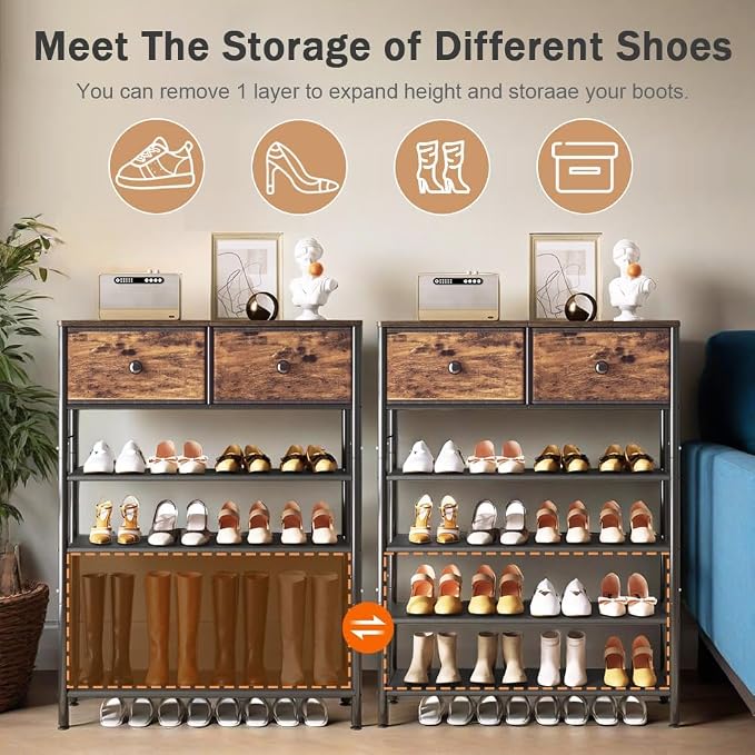 INGIORDAR 5 Tier Shoe Rack Storage Organizer with 2 Drawers MDF Board | Metal space-saving Shoe Shelf stores 20 Pairs of Shoes for Closet Entryway Bedroom Living Room Garage Black+Rustic Brown