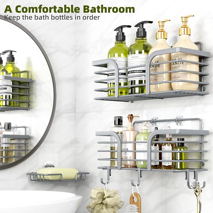 Yougai Shower Caddy, Shower Organizer with Soap Holder and Hooks, Rustproof Shower Shelves, No Drilling Bathroom Organizers and Storage, Wall-Mounted Kitchen & Home Decor, Light Grey
