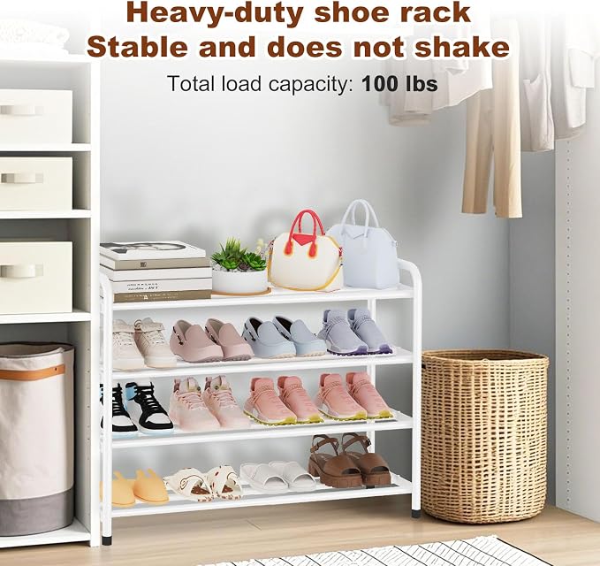 KANAV 4-Tier Expandable Shoe Rack, Heavy Duty Adjustable Metal Shoe Organizer for Closet, Entryway & Mudroom, Freestanding, Tool-Free Assembly, White