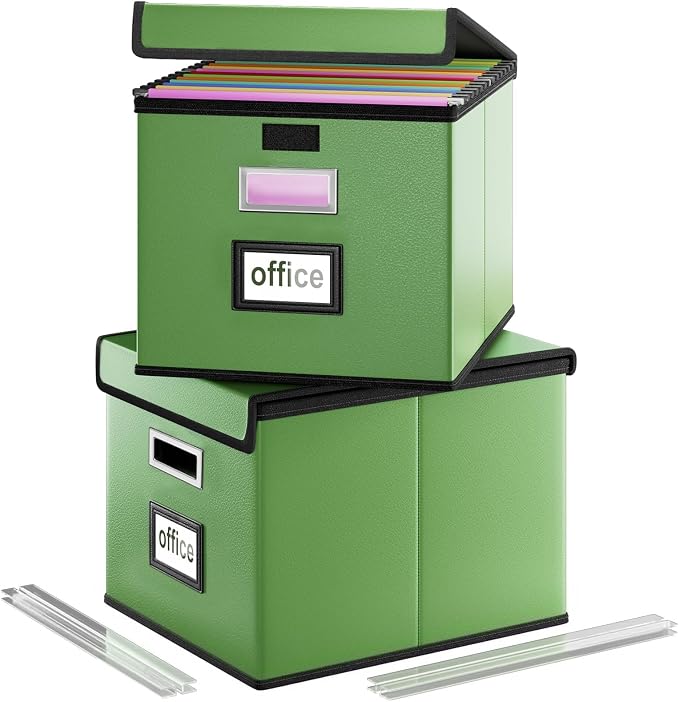 File Organizer Box with Lids, Collapsible File Folder Organizer | File Box with Plastic Slides for Document, Filing Bin for Letter Size Hanging File Folders (2 Pack, Green, Leather)