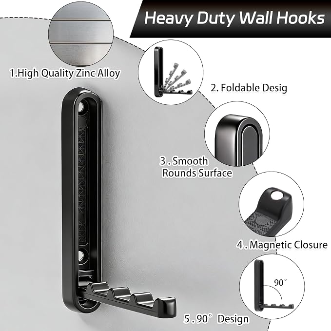 4.33 in Extended Folding Coat Hooks, 2 Pack Black Wall Hooks, Zinc Alloy | 90° Foldable Design, Wall Mounted, Zinc Alloy, Flip-Down Design, Includes Screws And Anchors, For Bedroom, Entryway, Closet