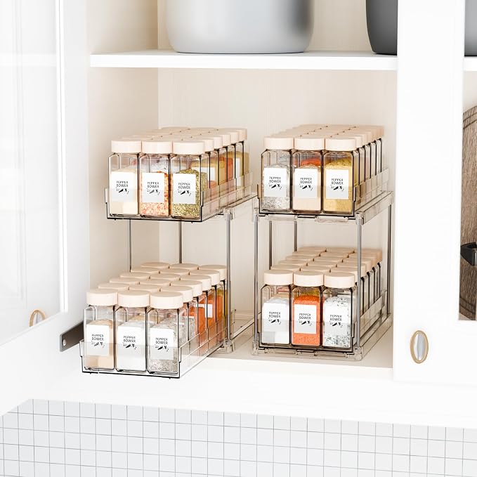 2 Pack 2 Tier Vertical Spice Rack Pull Out,10.4'' Deep Narrow Slide Out Spice Rack Organizer for Inside Cabinets,Kitchen,Pantry,Cupboard Seasoning,Can,Jar Organizer and Medicine Cabinet Storage