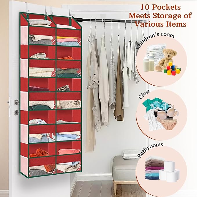 Over The Door Organizer 5 Tiers Extra Large Behind Door Storage of 10 | 80 lbs Weight Capacity Hanging Storage Organizer with Clear Window Kids Toys, Shoes, Diapers, Red