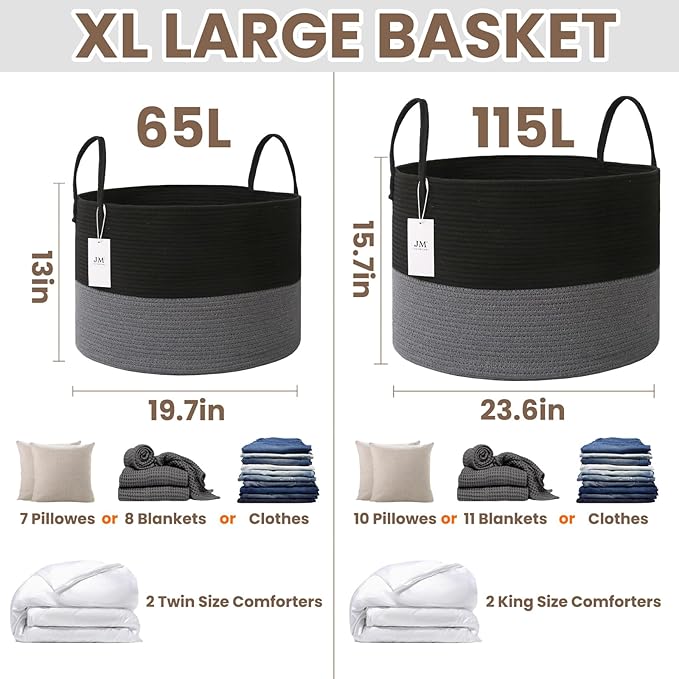 JMvicyroam 65L Extra Large Machine Washable Cotton Rope Blanket Basket | Collapsible laundry hamper, Reinforced handles, For blankets, pillows, toys and clothes, Living room and bedroom, Black&Grey