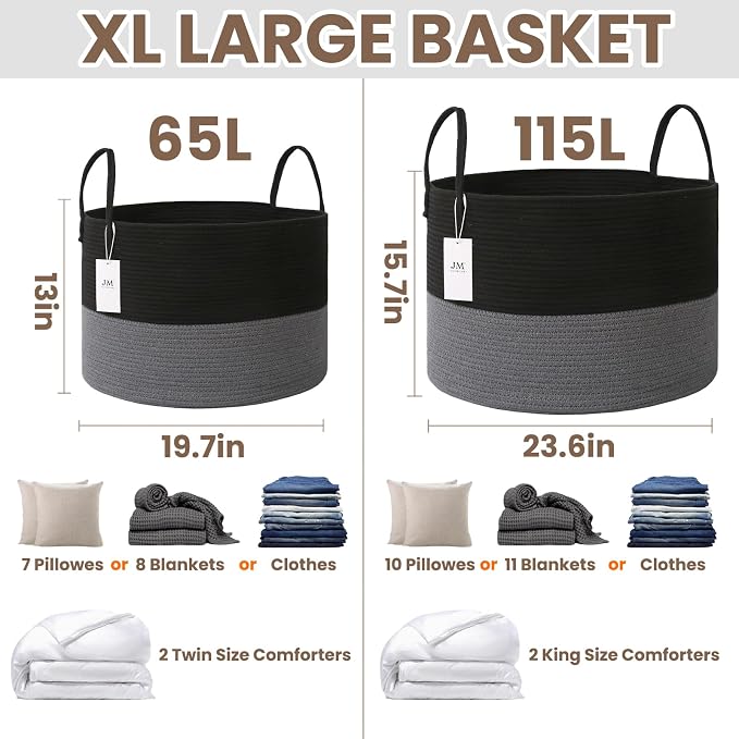 JMvicyroam 115L Extra Large Machine Washable Cotton Rope Blanket Basket | Collapsible laundry hamper, Reinforced handles, For blankets, pillows, toys and clothes, Living room and bedroom, Black&Grey