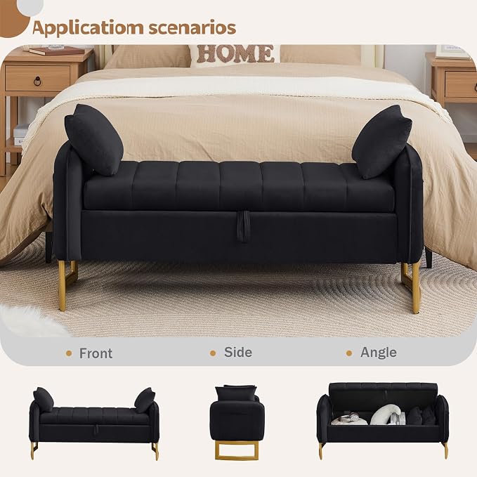 End of Bed Storage Bench, 51'' Velvet Storage Benches for Queen Size Bedroom Foot of Bed, Storage Ottoman Bench with Golden Legs and Pillow for Living Room Window Entryway, Black