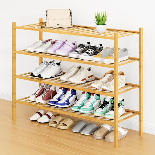 Smiry Bamboo Shoe Rack, 12 Vertical Slats, 4 Tier - 33.7" Wide, Natural | Stackable Free Standing Wooden Shoe Organizer, Wood Shoe Storage Shelf for Closet, Entryway